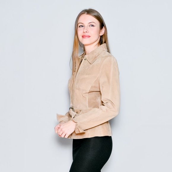 441. VINTAGE Context Leather Suede Tan Jacket with Belt Sz 8 - Picture 6 of 11